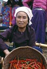 CHINA, Yunnan, Menghun , Dai market woman sitting by basket of red chillies