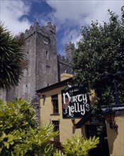 IRELAND, County Limerick, Bunratty, "Durty Nelly's Pub, bushes, trees, castle behind with flags "