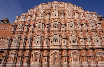 INDIA, Rajasthan, Jaipur, "Hawa Mahal or Palace of the Winds.  Cropped view of semi-octagonal,