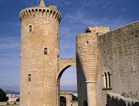 SPAIN, Balearic Islands, Majorca, Palma. Bellver Castle. Tower and keep close-up with blue sky