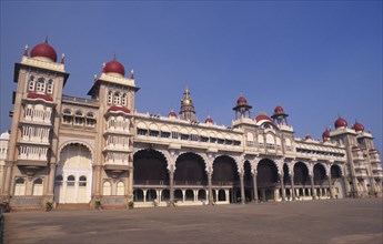 INDIA, Karnataka , Mysore , Angled view of exterior of Mysore Palace also known as Amba Vilas