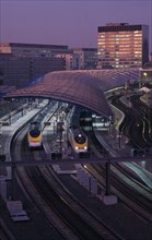 ENGLAND,  , London,  Waterloo Station International Terminal with Eurostar trains in evening.  City