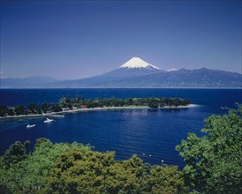 JAPAN, Honshu, Suruga Bay, Mount Fuji with snow cap above the tree lined deep blue water of the bay