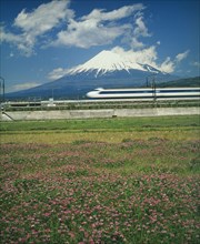 JAPAN, Honshu, Fuji-Hakone-Izu NP, The Shinkansen Bullet train passing the base of Mount Fuji with