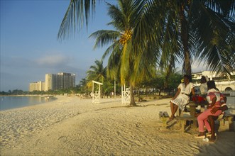 WEST INDIES, Jamaica , Ocho Rios , Mallard beach with people sitting beneath palm tree in