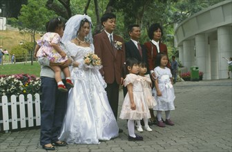 HONG KONG, Central, Hong Kong Park, "Western style wedding, bride, groom, bridesmaids and family