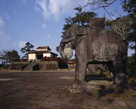 VIETNAM, Central, Hue, "Ming Mang's Mausoleum, stone elephant in paved forecourt, steps "