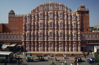 INDIA, Rajasthan, Jaipur, "Hawa Mahal or Palace of the Winds facade dating from 1799.  Busy street