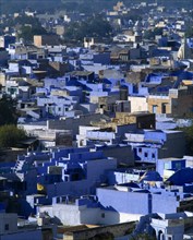 INDIA, Rajasthan, Jodhpur, Aerial over Brahmin houses painted traditional blue colour