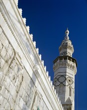 SYRIA, South, Damascus, Ummayyed Mosque.  Detail of ornate wall and minaret.