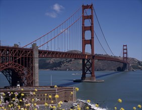 USA, California, San Fransisco, Golden Gate Bridge General view with fort below and hills in the
