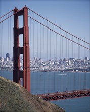 USA, California, San Fransisco, Golden Gate Bridge general view with the city in the distance.