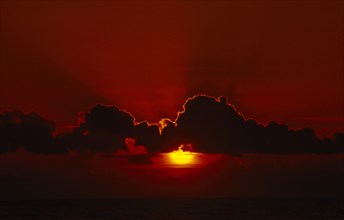WEATHER, Climate, Clouds, "Sunset with a red sky, sun behind clouds"