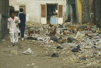 EGYPT, Cairo, School children walking past rubbish dump with chickens and dogs scavenging in the