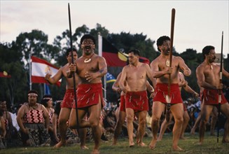 NEW ZEALAND, Haka, Maori men performing Haka