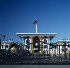 OMAN, Capital Area, Muscat, "Al Alam Palace. Main entranc with blue and gold colomns,ornate gates