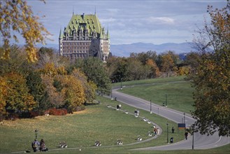 CANADA, Quebec, View over Abrahams Park with autumnal coloured trees toward Chateau Frontenac