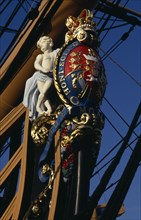 ENGLAND, Hampshire, Portsmouth, Admiral Lord Nelson's HMS Victory. Detail of elaborate figurehead