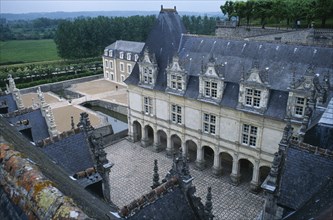 FRANCE, Indre-et-Loire, Villandry, View looking down on courtyard of the Chateau.