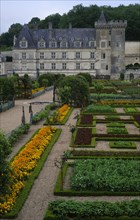 FRANCE, Indre-et-Loire, Villandry, Chateau de Villandry seen over formal gardens.