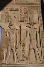 EGYPT, Komombo, Relief carvings of the gods Horus (hawk headed) and Sobek (crocodile headed)