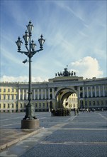 RUSSIA, St Petersburg , The Hermitage, Winter Palace. Uniformed soldiers gathered in the courtyard