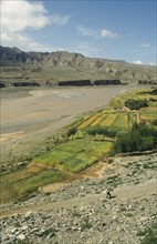 CHINA, Qinghai, Guide, Yellow River with agricultural land in foreground and rugged landscape on