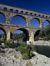FRANCE, Nimes, Pont du Gard, View of the bridge over the Gard river. Roman aqueduct.