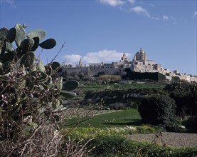 MALTA, Mdina, View past prickly pears over fields to the fortified hilltown and cathedral