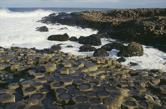 NORTHERN IRELAND, County Antrim, Moyle, Giants Causeway. View over the naturally formed polygonal