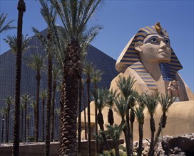 USA, Nevada, Las Vegas, Luxor Hotel and Casino Pyramid shaped building with replica of sphinx