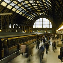 TRANSPORT, Rail, Stations, "Commuters on busy Kings Cross Platform, London, England"