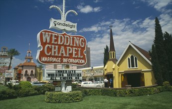 USA, Nevada  Wedding Chapel, Las Vegas, Candlelight wedding chapel and sign on The Strip