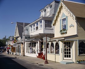 USA, Massachusetts, Marthas Vineyard, Oak Bluffs old town main street with weatherboard shops