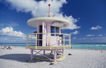 USA, Florida, Miami Beach, Lifeguard station on sandy beach