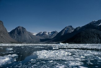 GREENLAND, Qoorug Fjord, general view with ice flow Dmaged tranny bottom right corner