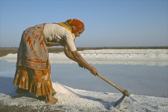 INDIA, Gujarat, Diu, Woman working barefoot on salt pan gathering salt crystals.