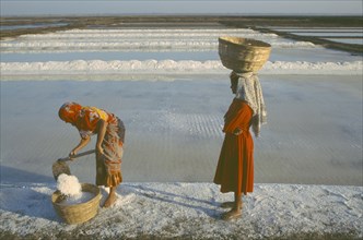 INDIA, Gujarat, Diu, Women working on salt pan gathering salt crystals into baskets carried on