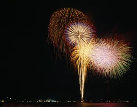 JAPAN, Fireworks, Hanabi Flowers of Fire Fireworks display illuminating the night sky.