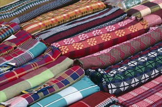 INDIA, Goa, Markets, "Colourful, woven textiles for sale."