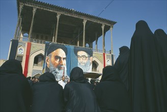 IRAN, Esfahan, Banners of Ayatollah Khomeini and Ali Khamenei to commemorate death of Emam Hussain