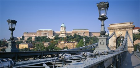 HUNGARY, Budapest , View across Chain Bridge to waterfront buildings
