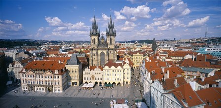 CZECH REPUBLIC, Stredocesky, Prague, View over city including Tyn Church and Old Town Square in the
