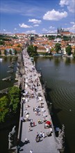 CZECH REPUBLIC, Stredocesky, Prague , Mala Strana.  Charles Bridge.  Aerial view along bridge busy