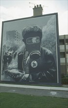 IRELAND,  North , Derry, Nationalist mural depicting a boy wearing a Gas Mask on the Bogside.