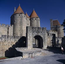 FRANCE, Languedoc Roussillon  Aude, Carcassonne , Fortified old town walls La Cite entrance