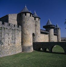 FRANCE, Languedoc Roussillon  Aude, Carcassonne , Fortified old town walls Chateau Comtal General