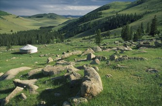MONGOLIA, Tov, Manzshir Khiid , Mountain Ger and view of fertile valley