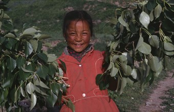 CHINA , Gansu, Xiahe , Tibetan girl holding tree branches