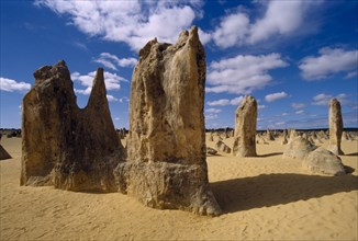 AUSTRALIA, Western Australia, Nambung National Park, Rock pinnacles in desert landscape.